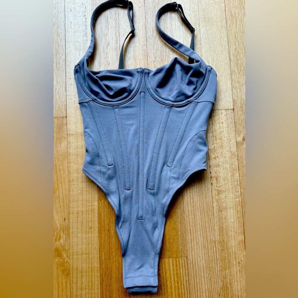SKIMS Charcoal Grey Cotton Corset Thong Bodysuit | Size: XXS | Sold Out - Picture 3 of 7